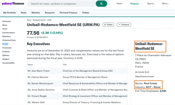Extrait du site yahoo sur le profil d'entreprise unibail